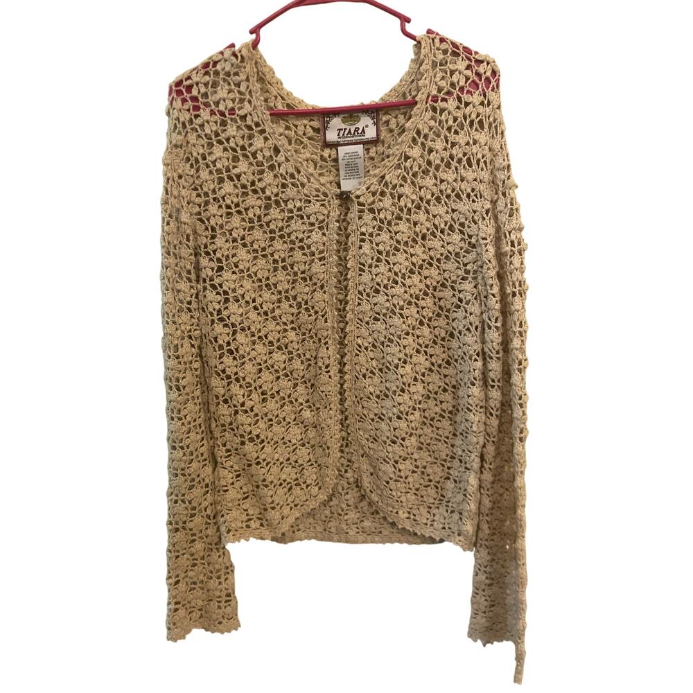TIARA INTERNATIONAL Beige Open Knit Crochet Bell Sleeve Scalop Cotton Size Large